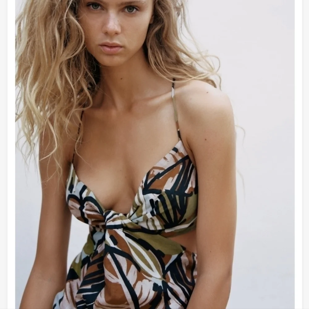 Zara Side Cutouts Spaghetti Straps Tropical Print Linen Mini Dress NWT S…